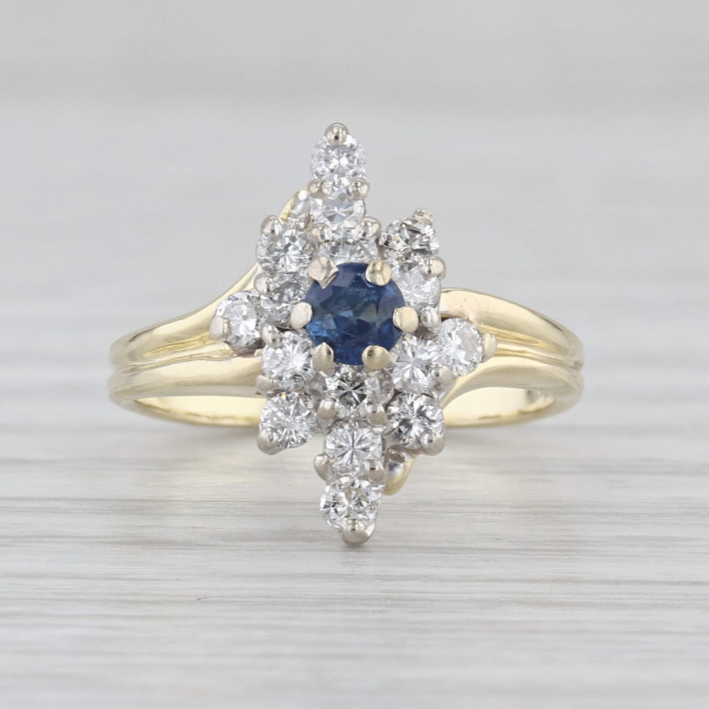 Blue Sapphire Diamond Cluster Bypass Ring 14k Yellow Gold Size 4