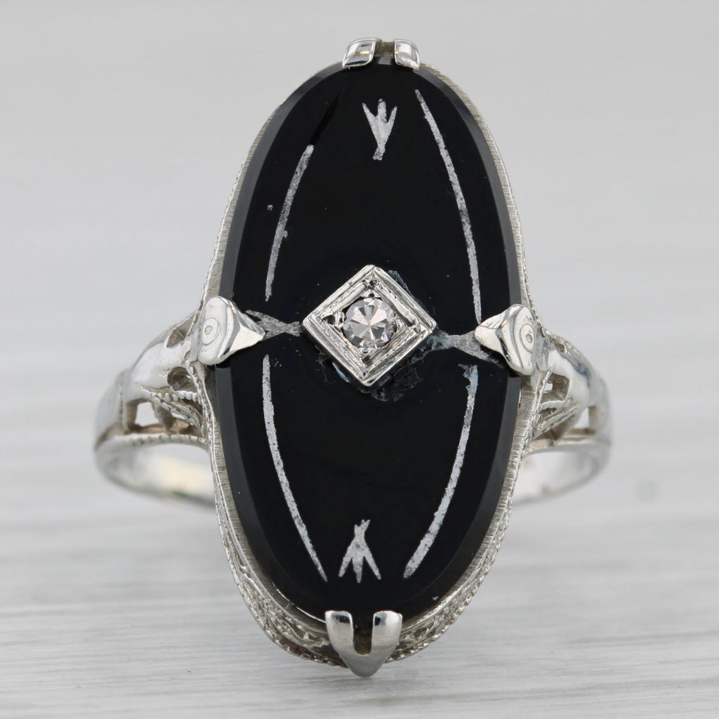 Gray Vintage Onyx Diamond Filigree Ring 14k White Gold Size 5.25