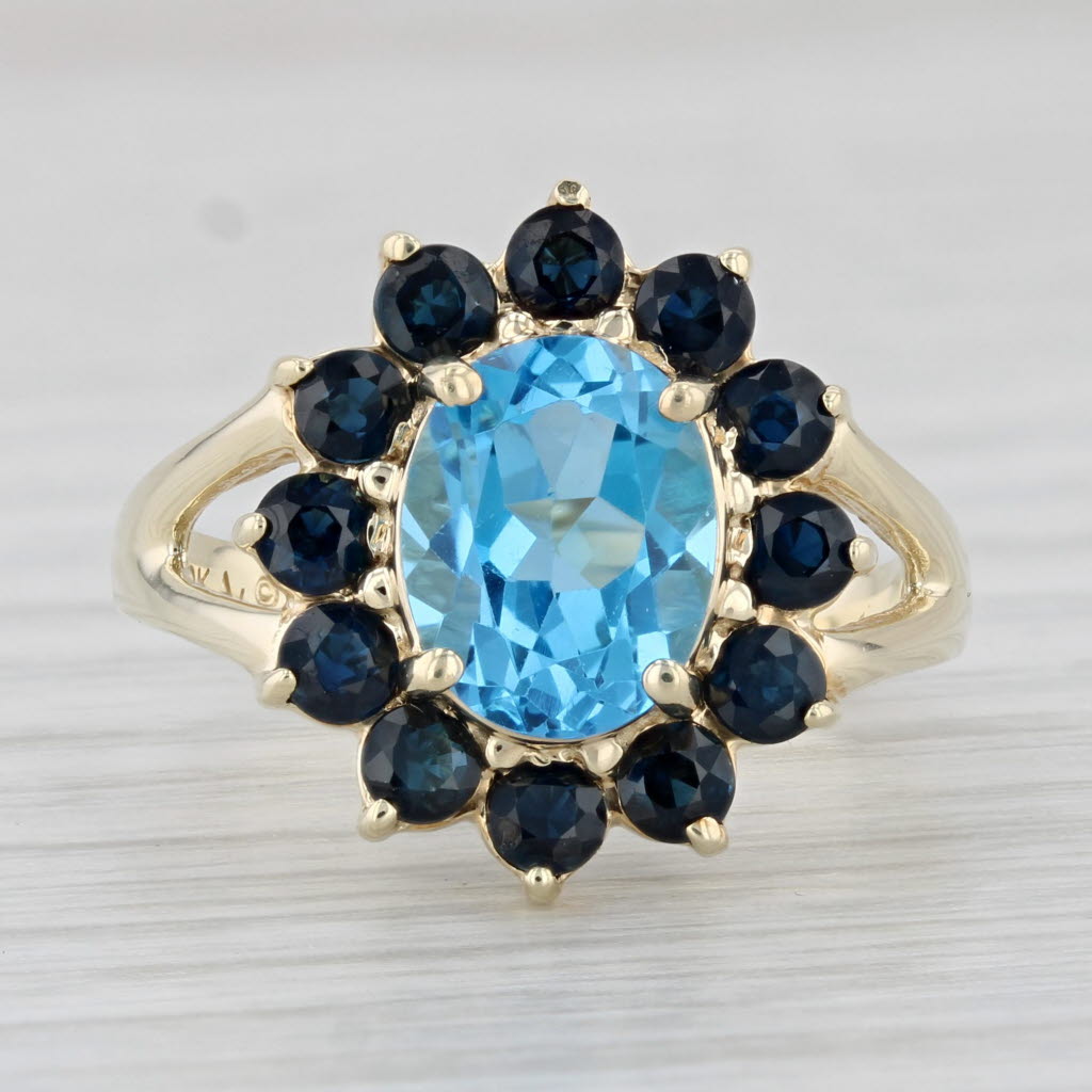 Light Gray 3.40ctw Oval Blue Topaz Sapphire Halo Ring 10k Yellow Gold Size 7