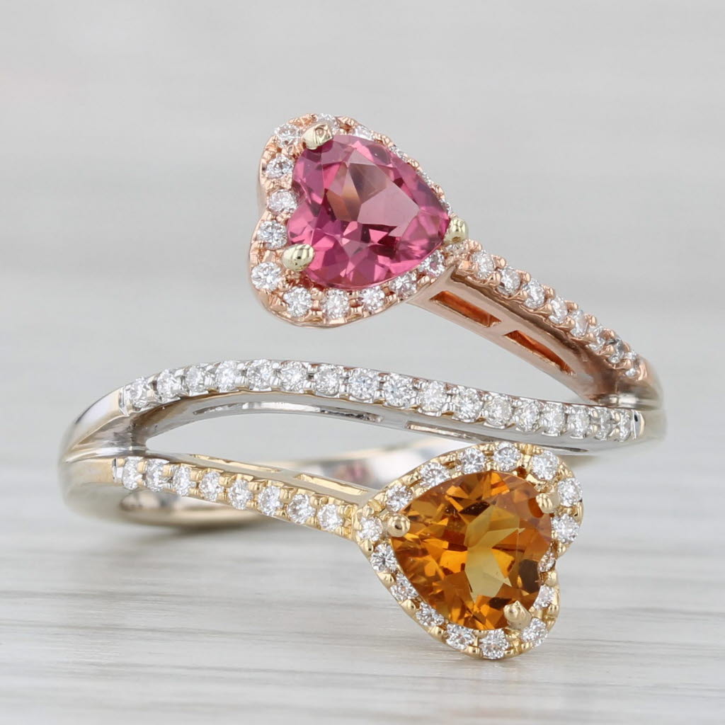 Light Gray 1.35ctw Citrine Tourmaline Diamond Hearts Bypass ing 18k Yellow Rose White Gold