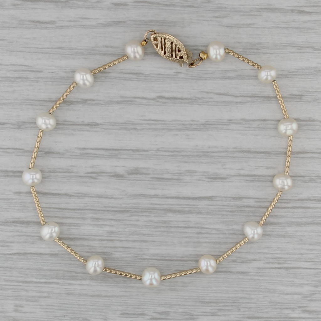 Cultured Pearl Bead Station Bar Bracelet 14k Yellow Gold 7.5"