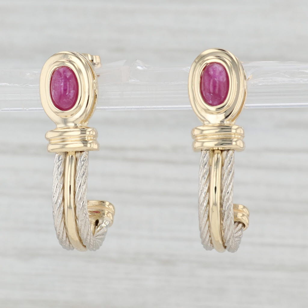 Light Gray Ruby Cabochon J Hook Earrings 14k Yellow White Gold Drop