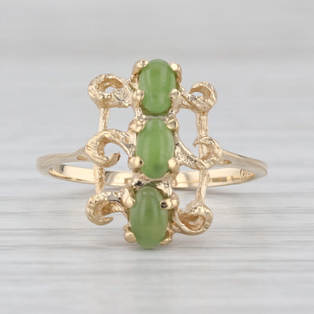 3-Stone Green Nephrite Jade Ring 14k Yellow Gold Size 6.5