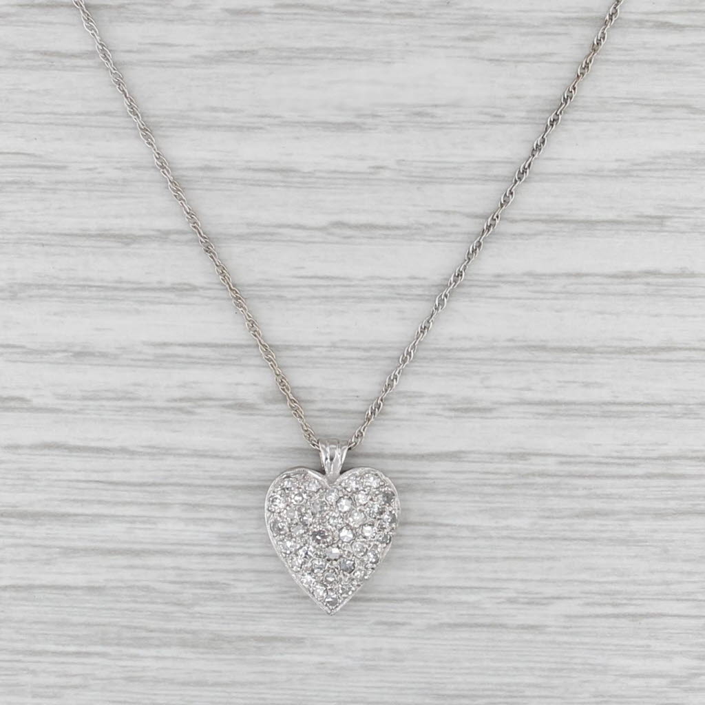 0.70ctw Pave Diamond Heart Pendant Necklace 14k White Gold 16" Rope Chain