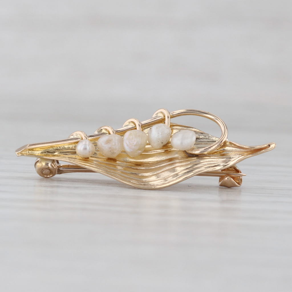 Baroque Pearl Leaf Pin 14k Yellow Gold Brooch