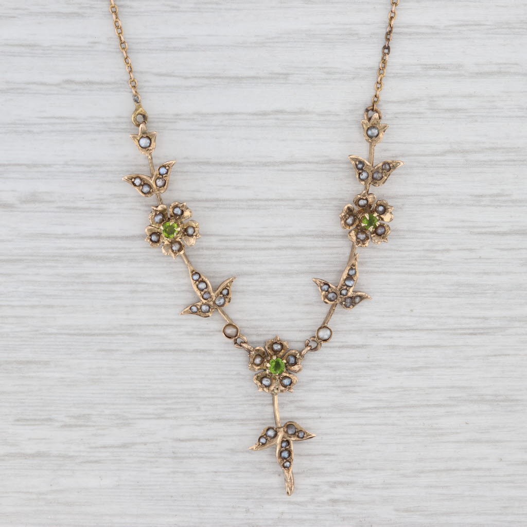 Antique Lavalier Flower Necklace 10k Yellow Gold Seed Pearls Green Glass 20"
