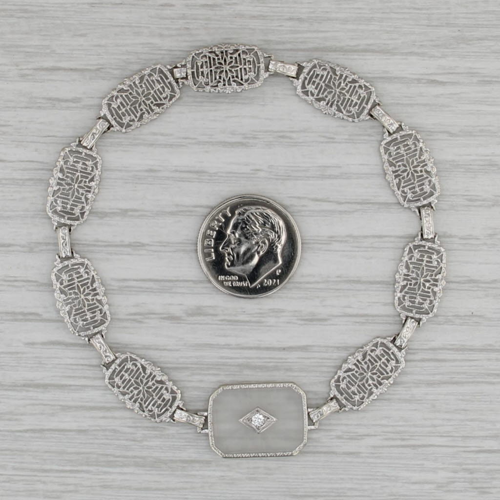 Camphor Glass Diamond Filigree Bracelet 14k White Gold 7.5"