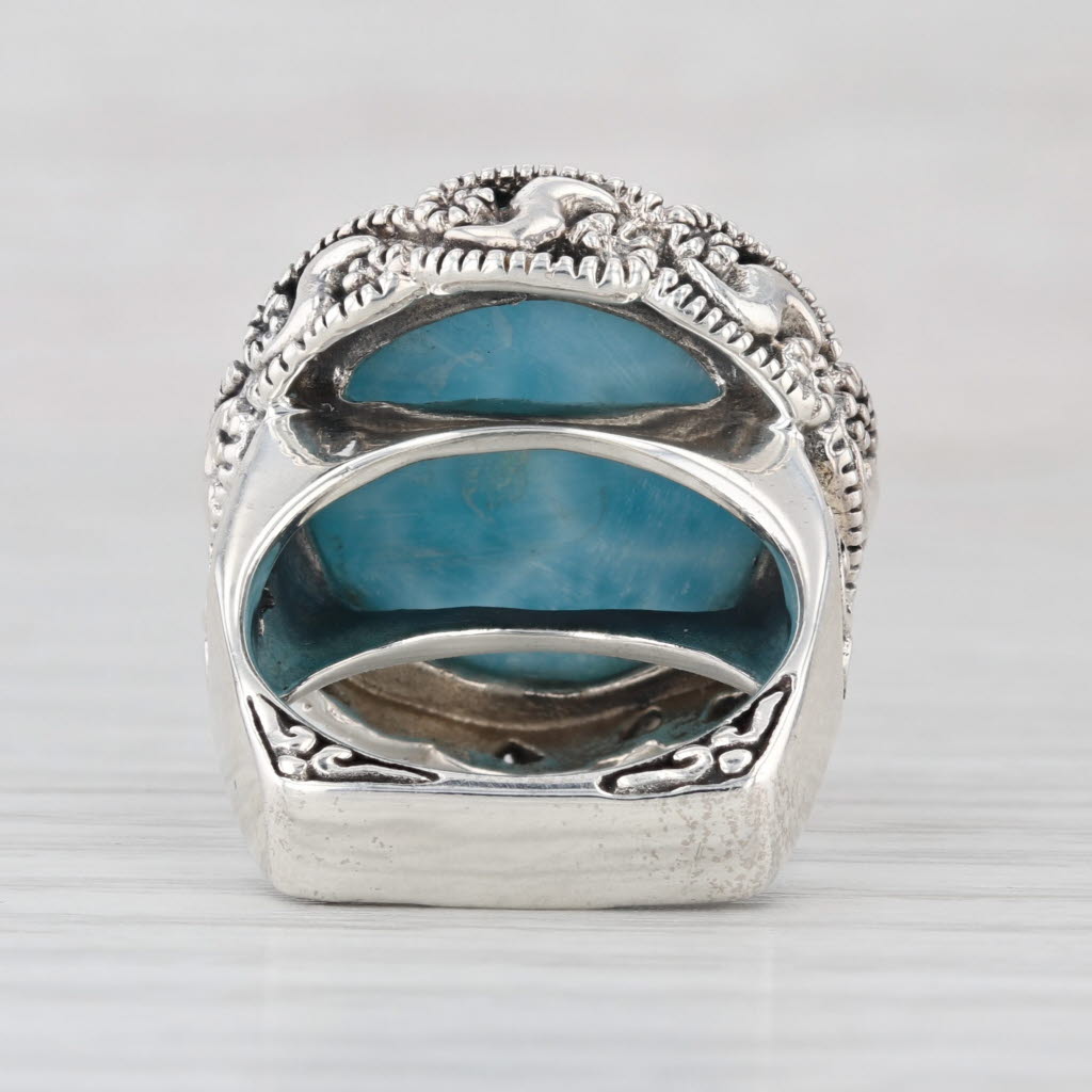 Marbled Blue Larimar Ornate Statement Ring Sterling Silver Size 6 Signed