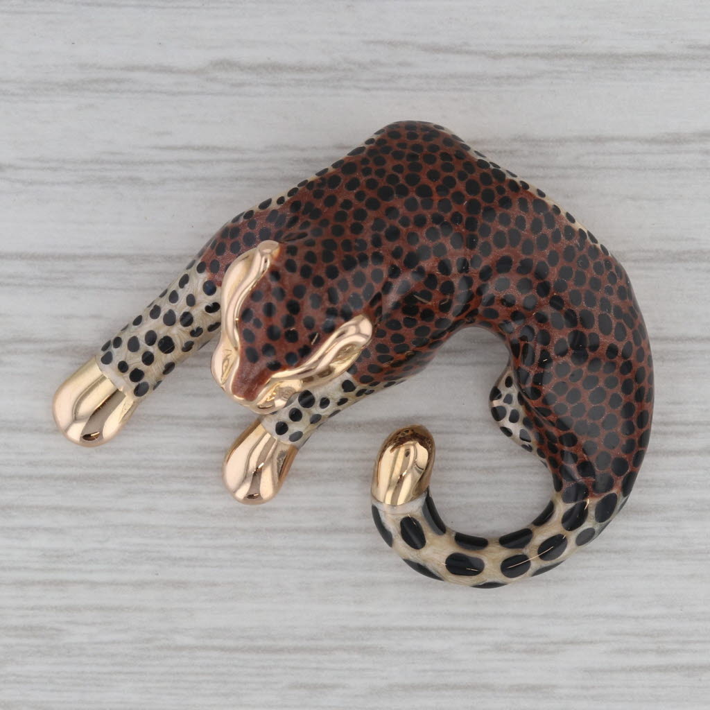 Gray Leopard Slide Pendant 14k Yellow Gold Enamel