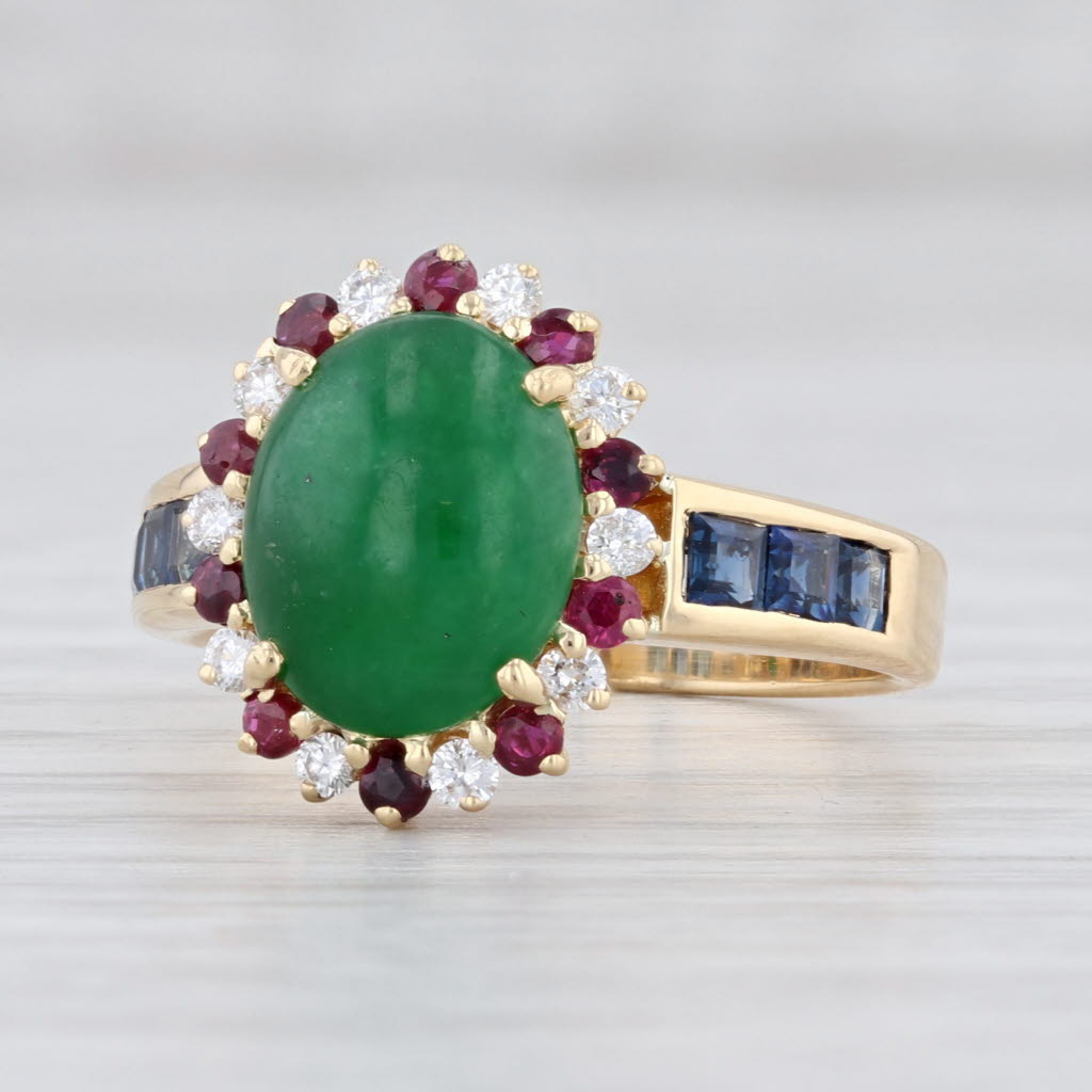 Light Gray Jadeite Jade Diamond Ruby Halo Sapphire Ring 18k Yellow Gold Size 7