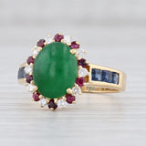 Light Gray Jadeite Jade Diamond Ruby Halo Sapphire Ring 18k Yellow Gold Size 7