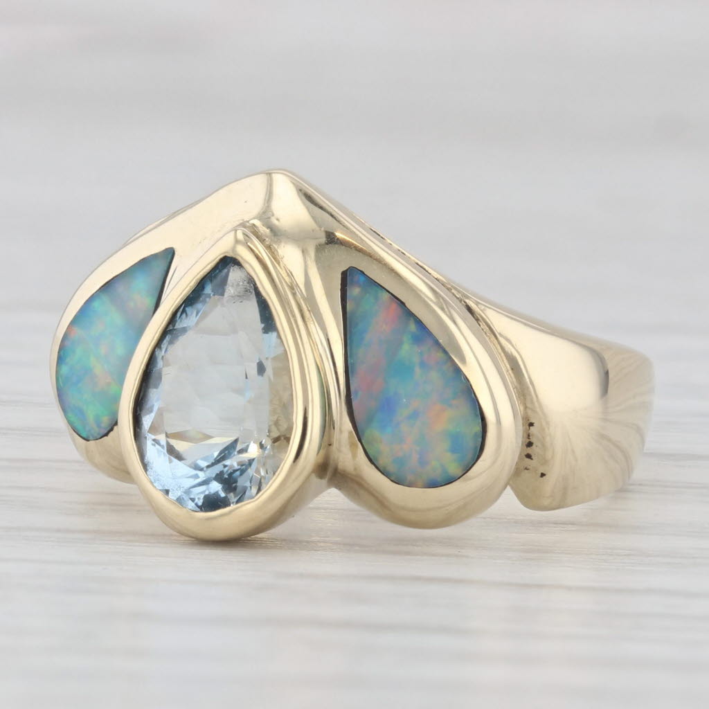 Light Gray Pear Aquamarine Opal Ring 14k Yellow Gold Size 6.75