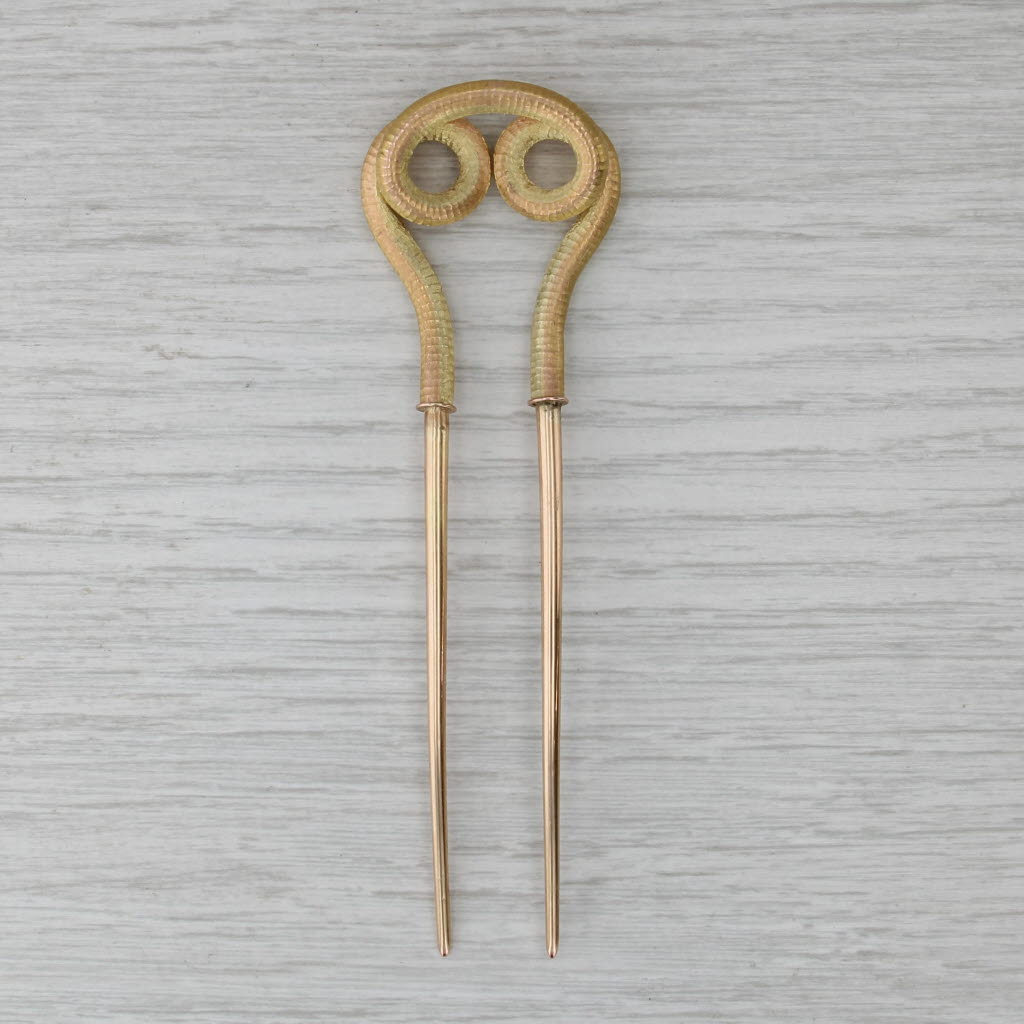 Antique Coiled Snake Hair Pin 14k Yellow Gold 2-Pronged