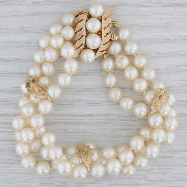 Vintage Cultured Pearl Leaf Bracelet 14k Gold 3-Strand 7.5"
