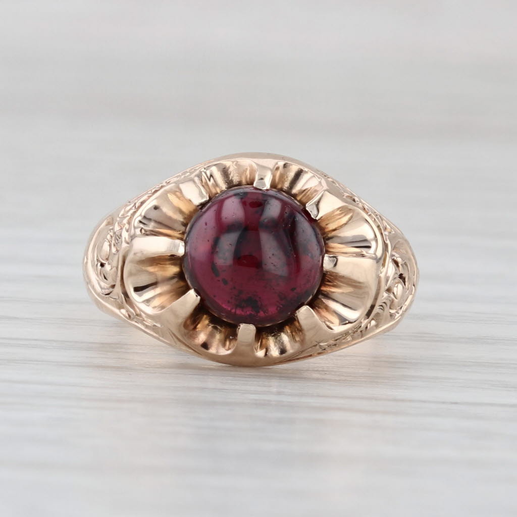 Antique Garnet Solitaire Ring 9k-10k Gold Ornate Floral Pattern Belcher Setting