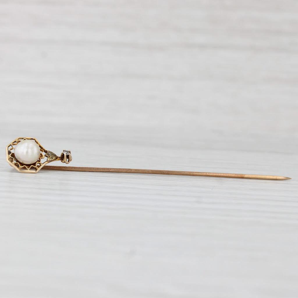 Light Gray Antique Pearl Diamond Stickpin 10k Yellow Gold Pin