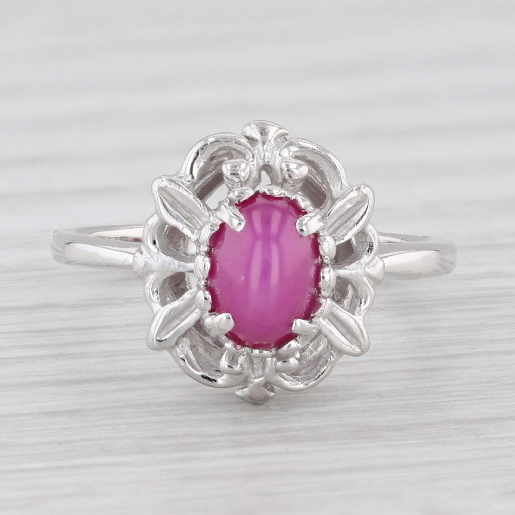 Light Gray Lab Created Star Ruby Ring 10K White Gold Size 5.75 Oval Cabochon Solitaire