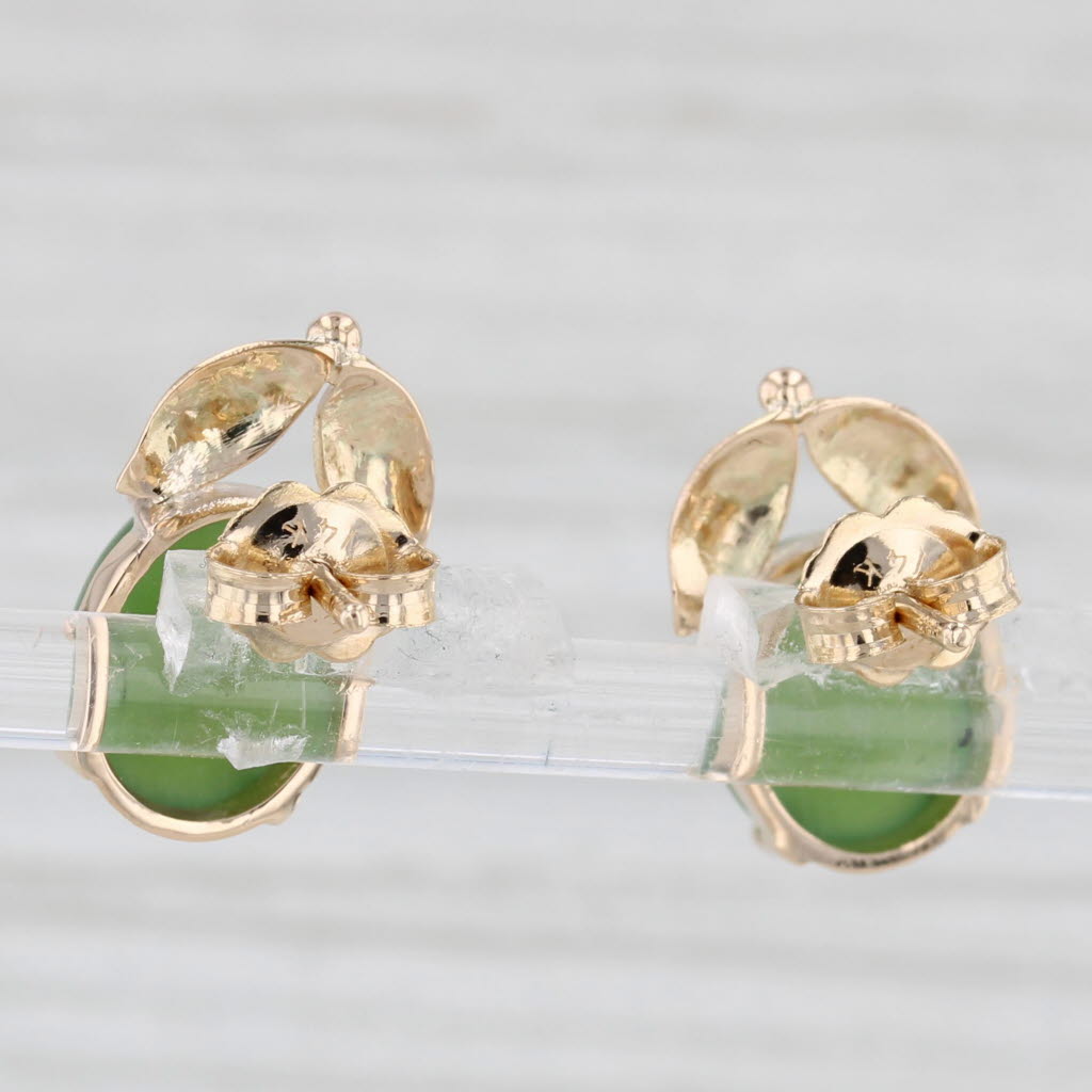 Light Gray Green Nephrite Jade Leaf Stud Earrings 14k Yellow Gold