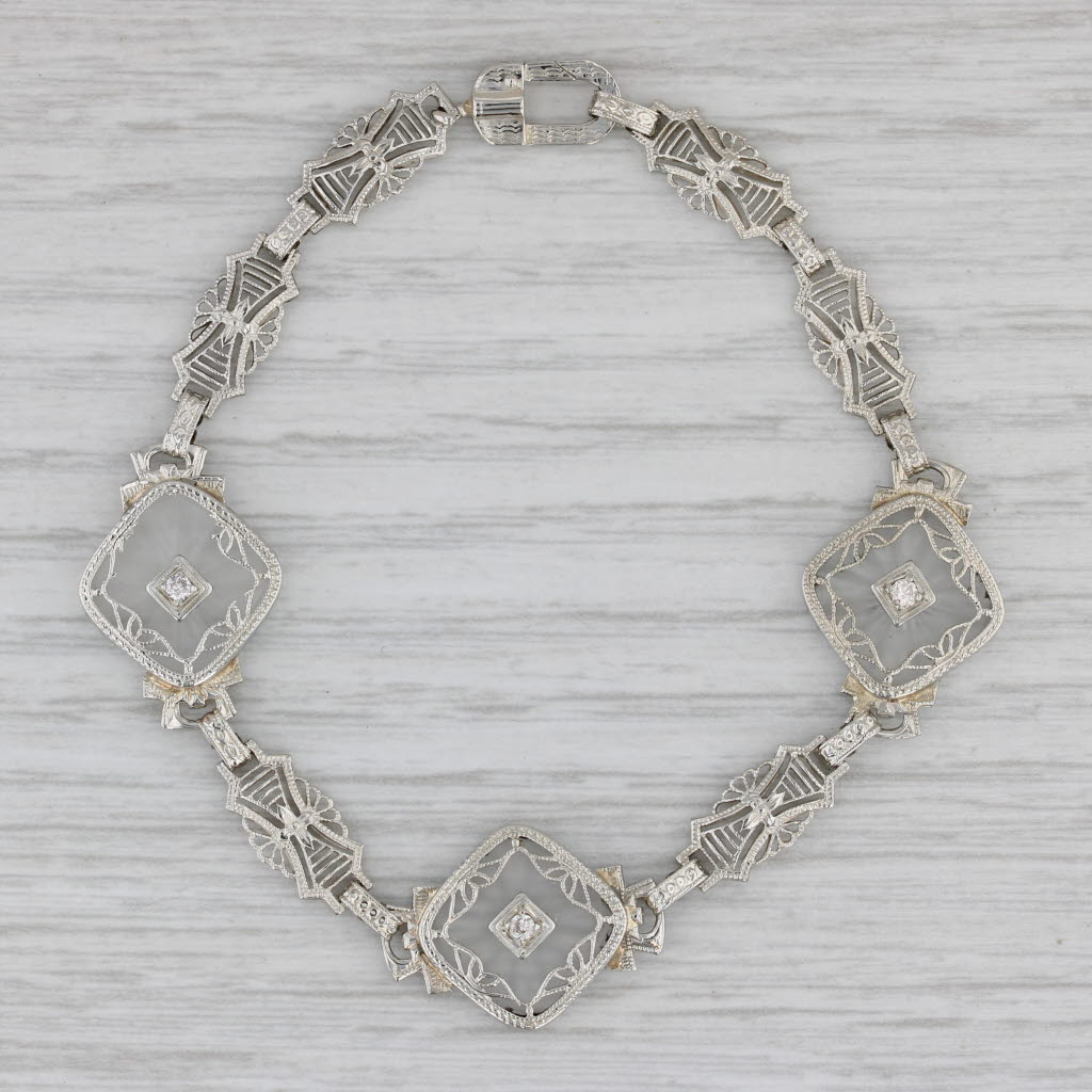 Gray Art Deco Vintage Diamond Quartz Filigree Bracelet 14k White Gold 6.5" 14.3mm