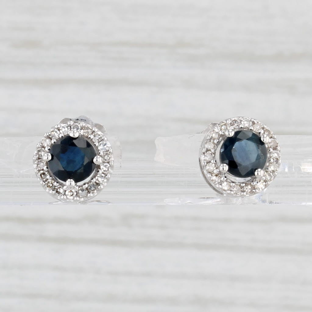 Light Gray 0.77ctw Round Blue Sapphire Diamond Halo Stud Earrings 10k White Gold