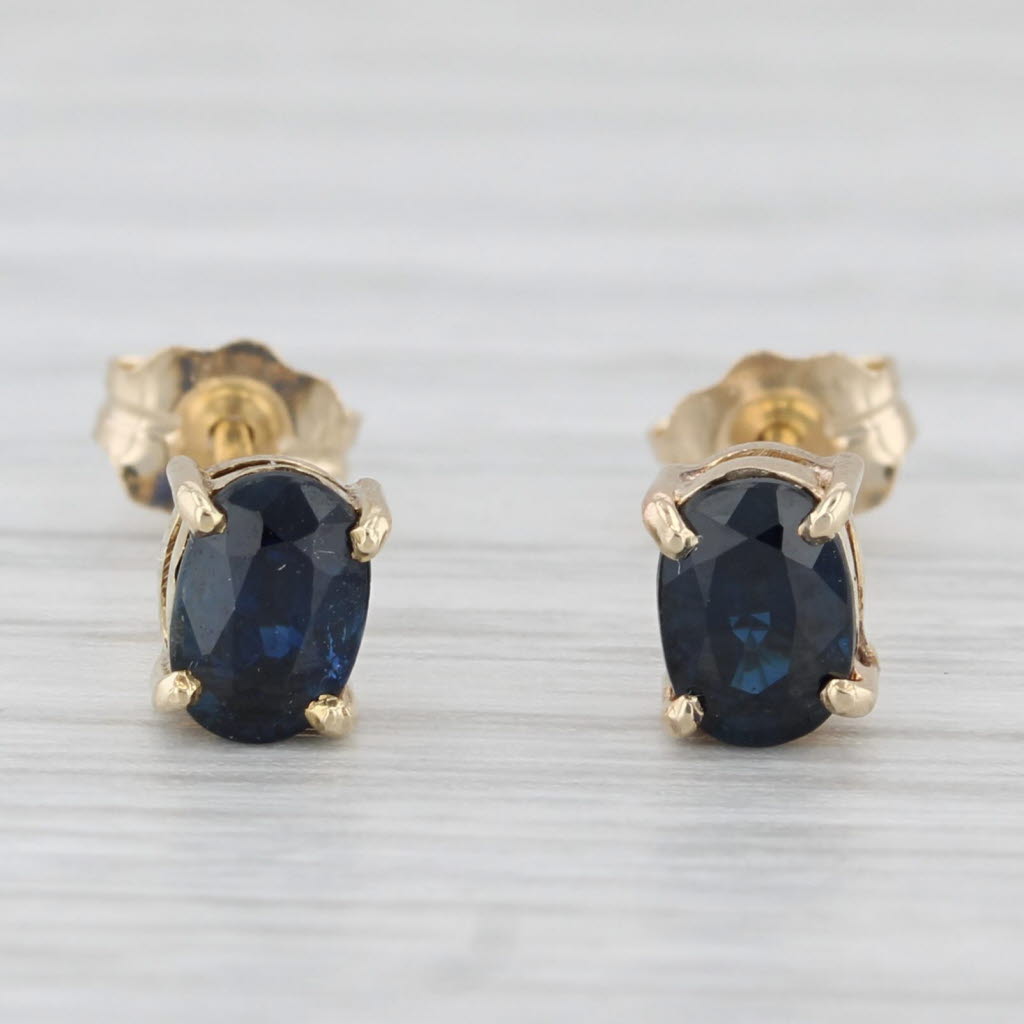 Light Gray 1ctw Blue Sapphire Stud Earrings 14k Yellow Gold Oval Solitaire Studs