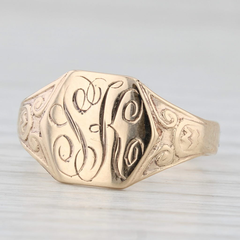 Light Gray Monogram Script Letters SK Signet Ring 10k Gold Size 6 Vintage Hand Engraved