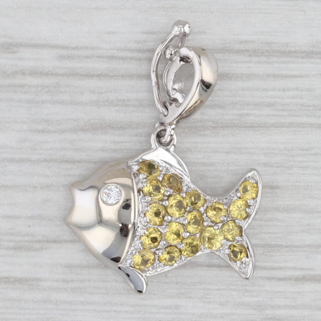 Diamond Yellow Sapphire Fish Pendant 14k White Gold Small Charm Clip Bail