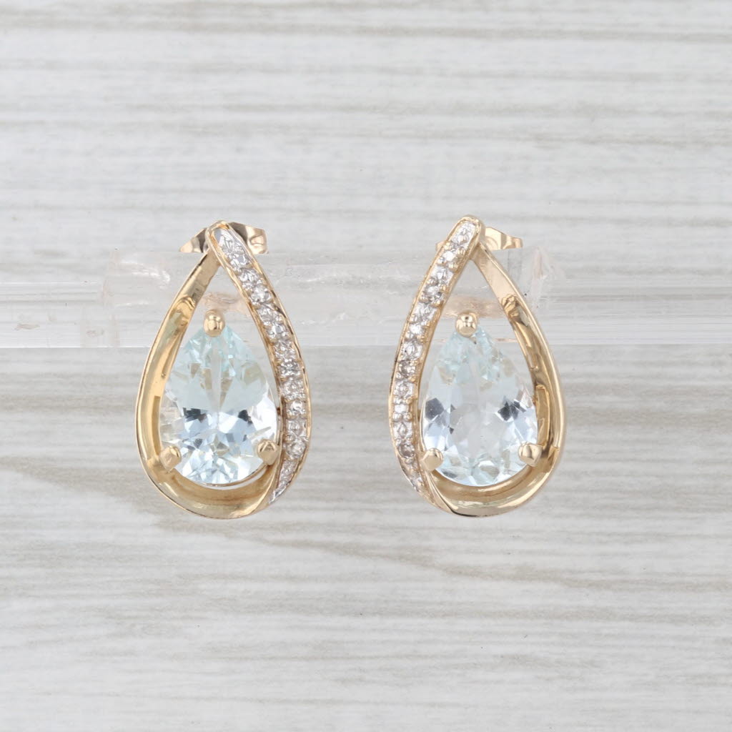 3.16ctw Aquamarine Diamond Teardrop Stud Earrings 10k Yellow Gold Pear Studs