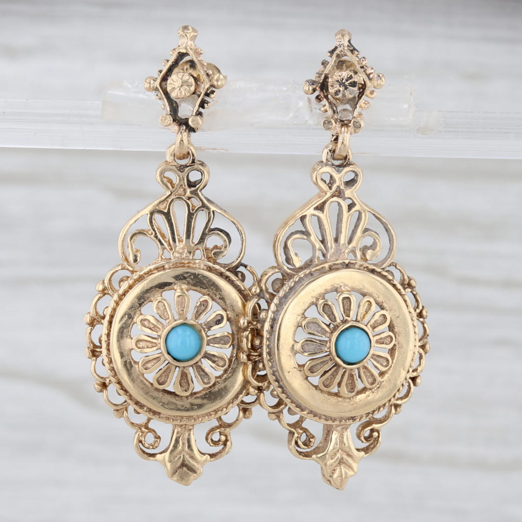 Vintage Ornate Dangle Earrings 14k Gold Turquoise Color Glass Pierced Drops