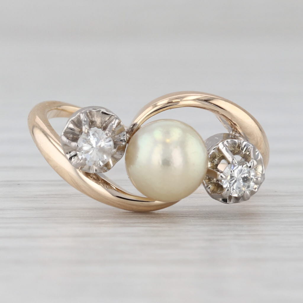 Light Gray Vintage Cultured Pearl Diamond Bypass Ring 10k-12k Yellow Gold Size 4.5