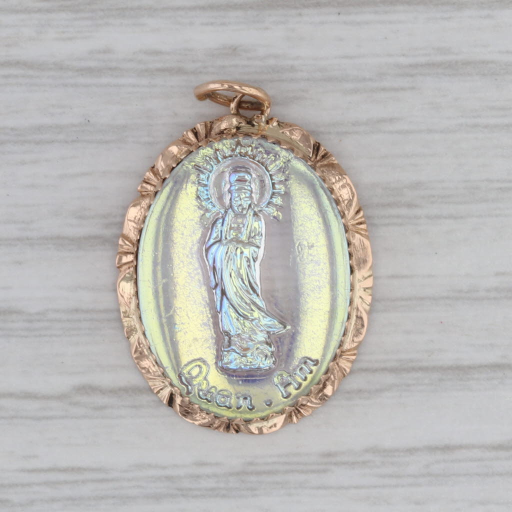 Quan Am Glass Pendant 14k Gold Figural Bodhisattva of Compassion in Buddhism
