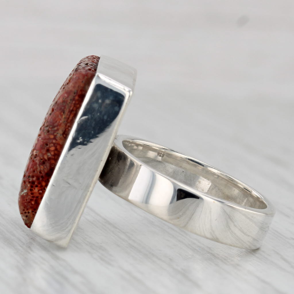 Gray Coral Square Cabochon Ring Sterling Silver Size 7.75
