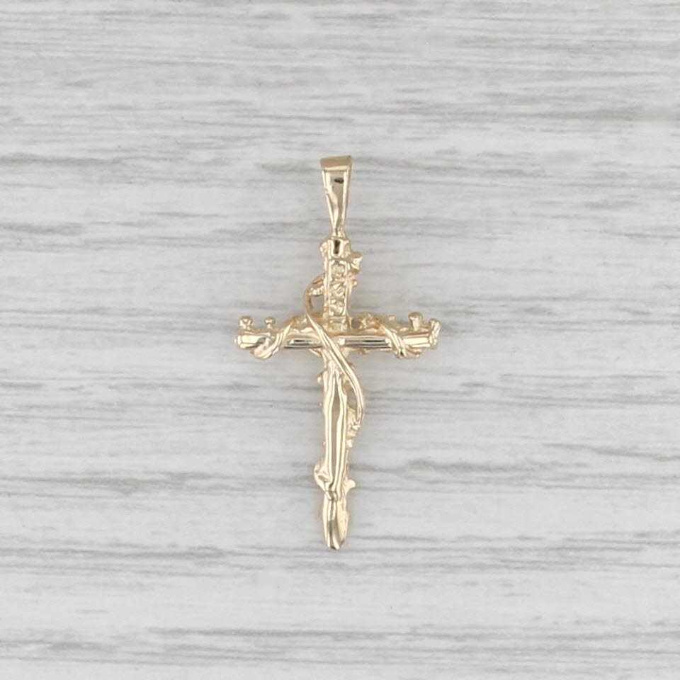 Diamond Solitaire Ornate Cross Pendant 14k Yellow Gold Small Drop