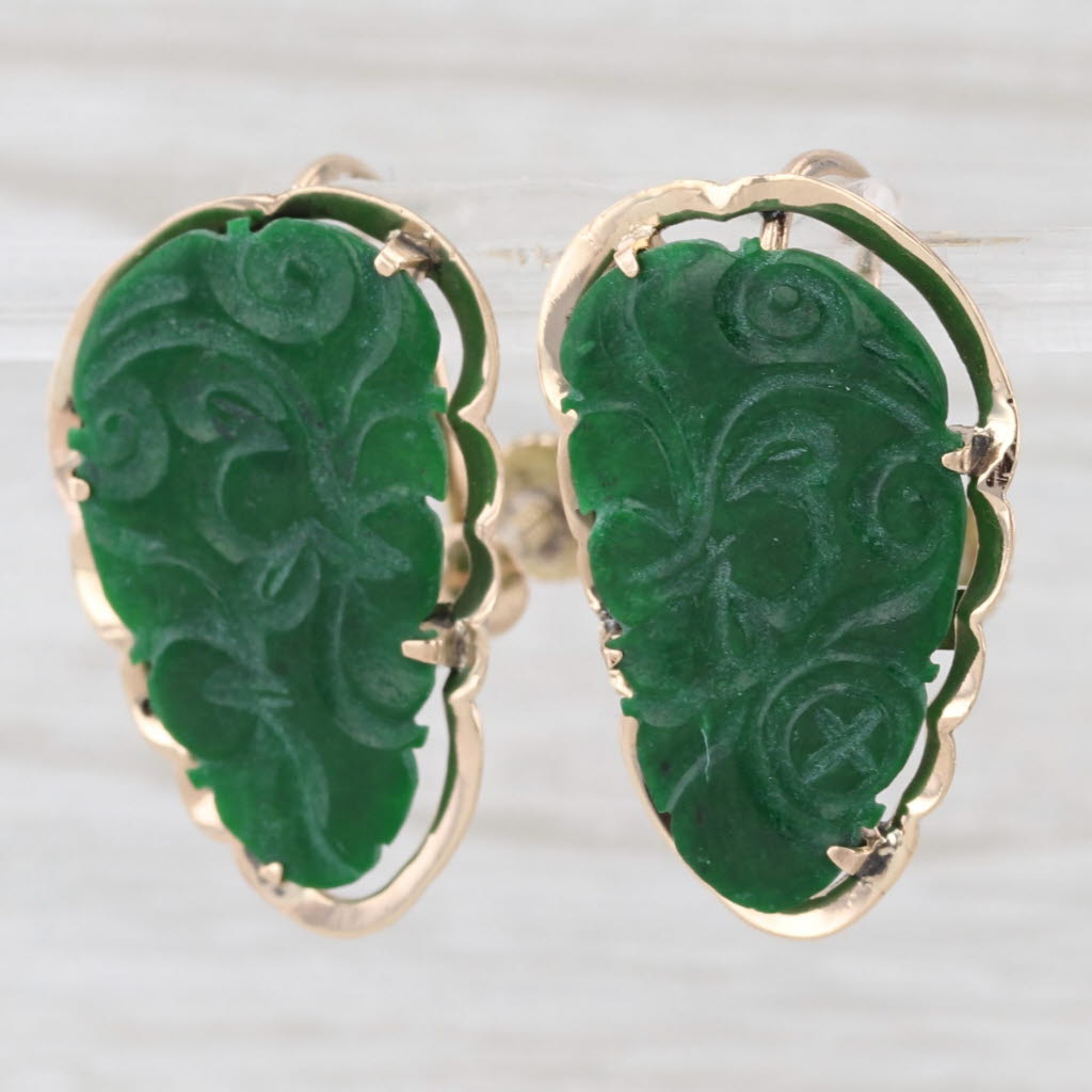 Carved Green Jade Earrings 14k Yellow Gold Vintage Screw Back Non Pierced