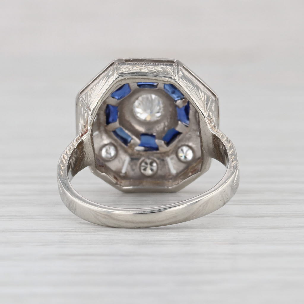 Art Deco 0.96ctw Diamond Lab Created Sapphire Halo Ring 14k Gold Platinum Sz 5.5