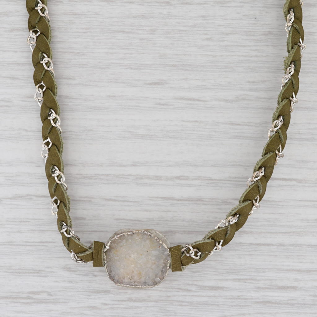 New Nina Wynn Cordelia Necklace Woven Green Leather White Druzy Quartz Pendant