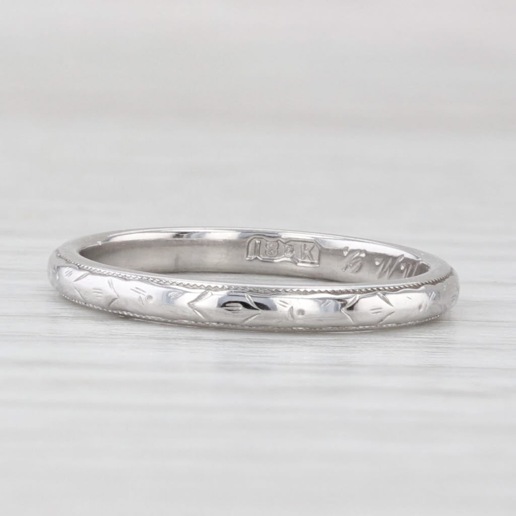 Antique Floral Engraved Wedding Band 18k White Gold Ring Stakable Size 5