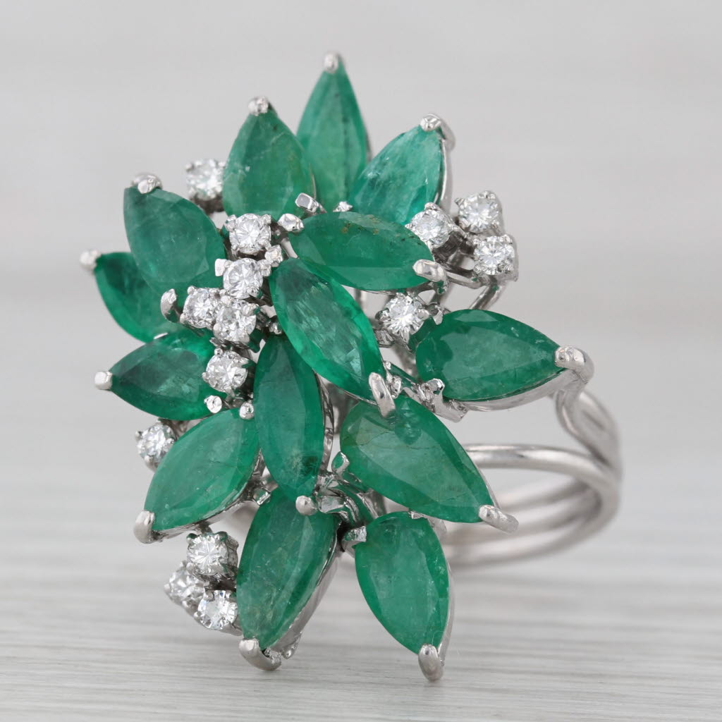Gray 6.28ctw Emerald Damond Flower Cocktail Ring 14k White Gold Size 6.5-6.75