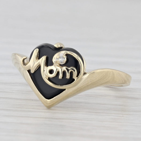 Light Gray Diamond Accented Onyx Mom Heart Ring 10k Yellow Gold Size 6.5