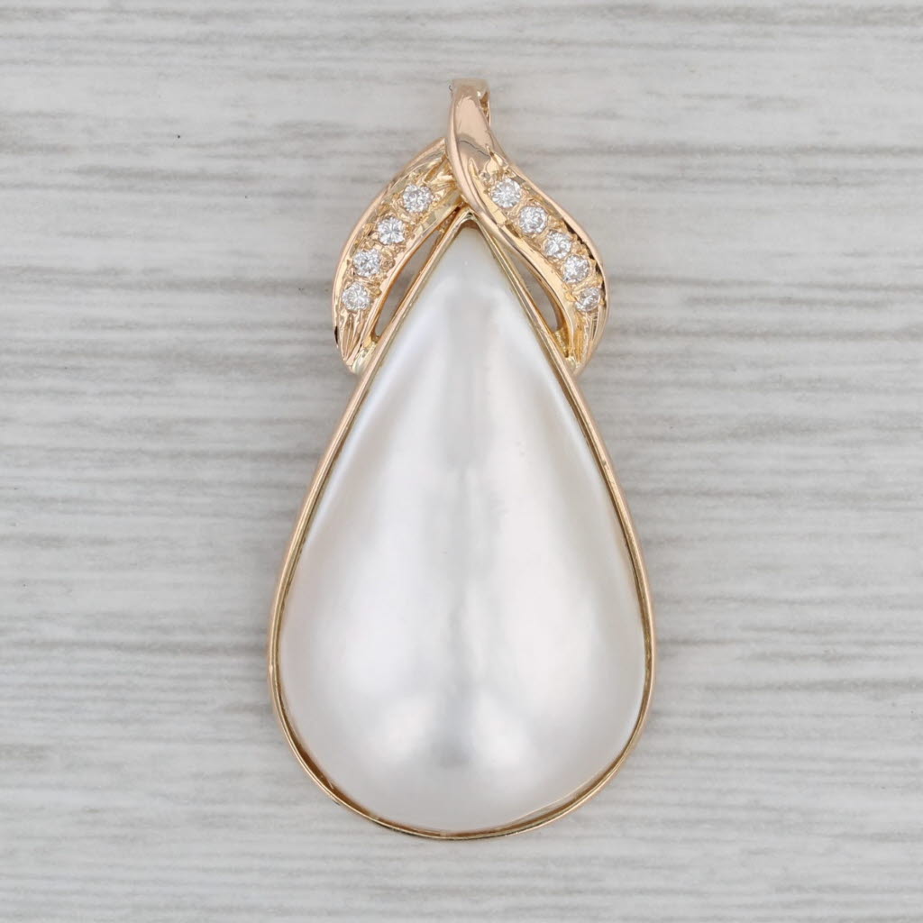 Gray Mabe Pearl Teardrop Pendant 14k Yellow Gold 0.10ctw Diamonds