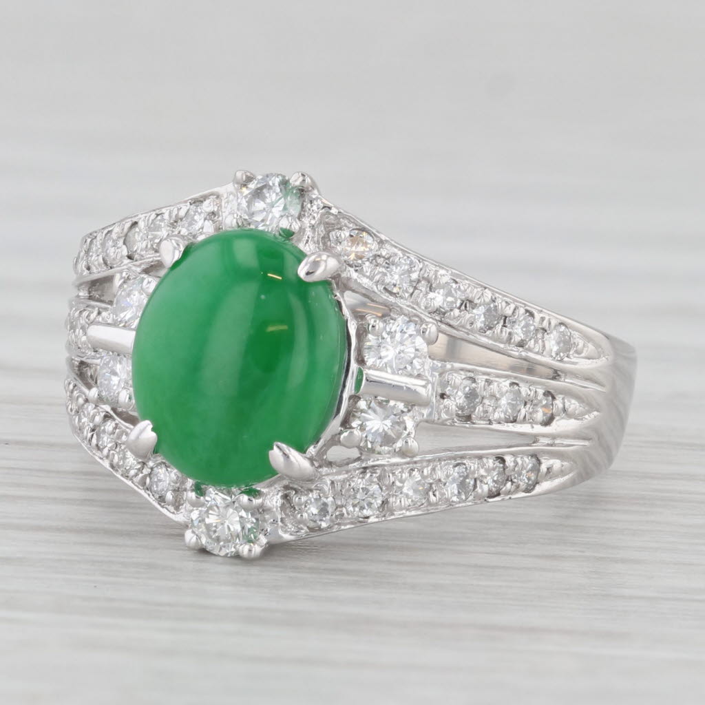 Light Gray Green Jadeite Jade 0.78ctw Diamond Ring 900 Platinum Size 6.75