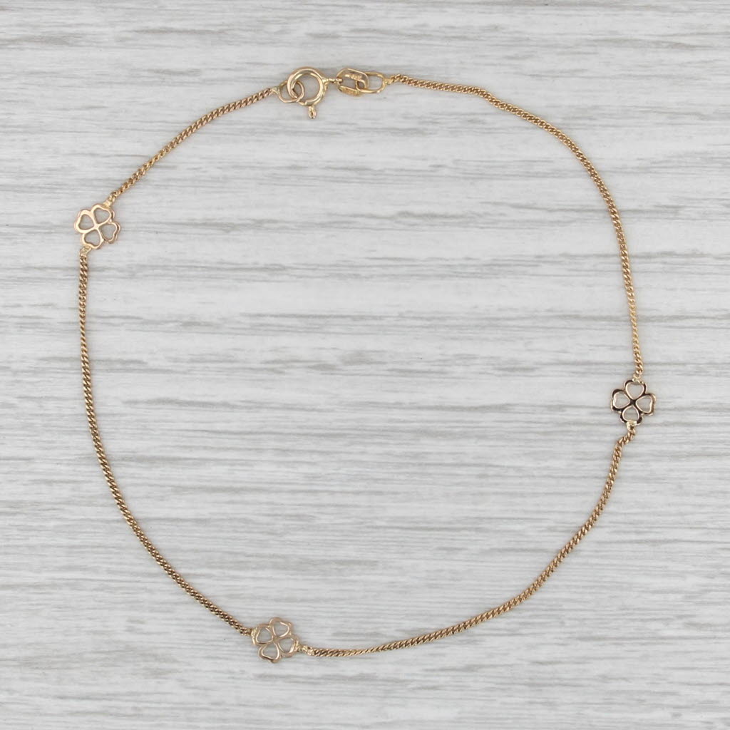 Clover Flower Station Ankle Bracelet 14k Yellow Gold 9" Anklet Curb Chain