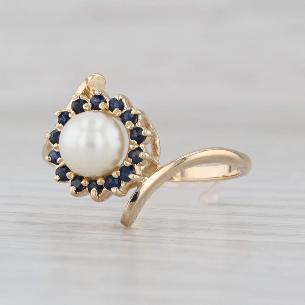 Cultured Pearl Blue Sapphire Halo Bypass Ring 14k Yellow Gold Size 7.25