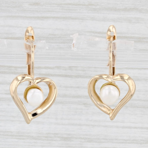 Cultured Pearl Heart Drop Earrings 10k Yellow Gold Pierced Leverbacks