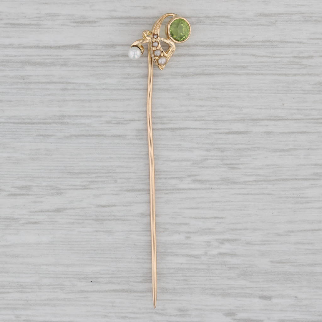 Gray Vintage Peridot Cultured Pearl Stickpin 14k 10k Yellow Gold