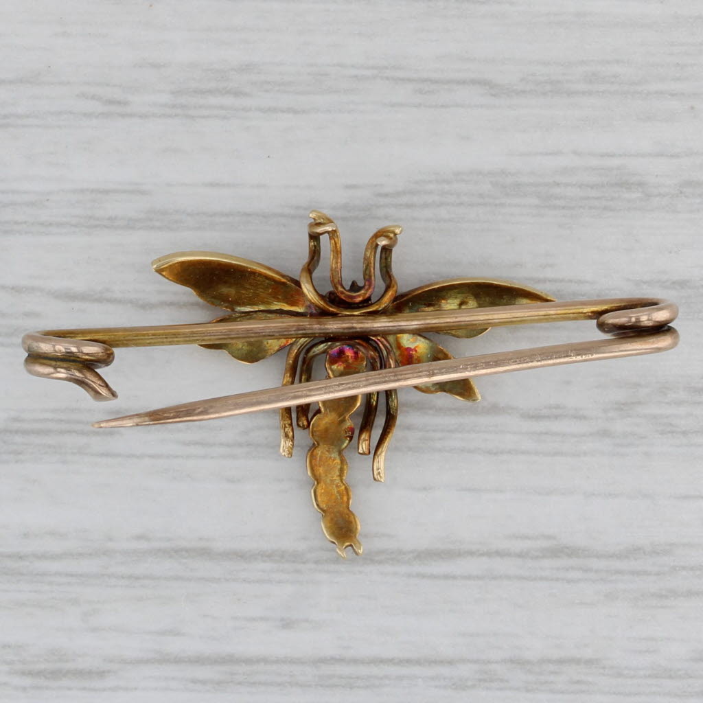 Gray Vintage Pearl Flying Insect Pearl Pin 10k 14k Yellow Gold Brooch