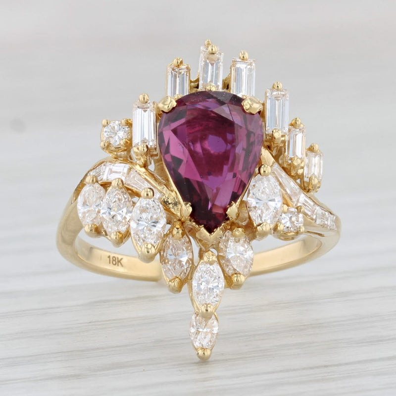 Light Gray 3.48ctw Pear Ruby Diamond Cluster Cocktail Ring 18k Yellow Gold Size 7.5 GIA