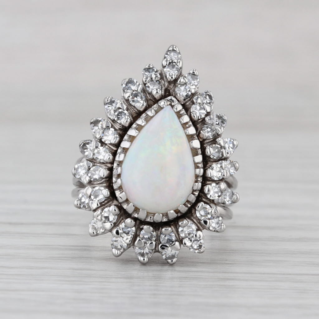 Vintage Pear Opal Diamond Halo Ring 14k White Gold Size 6-6.25 Cocktail