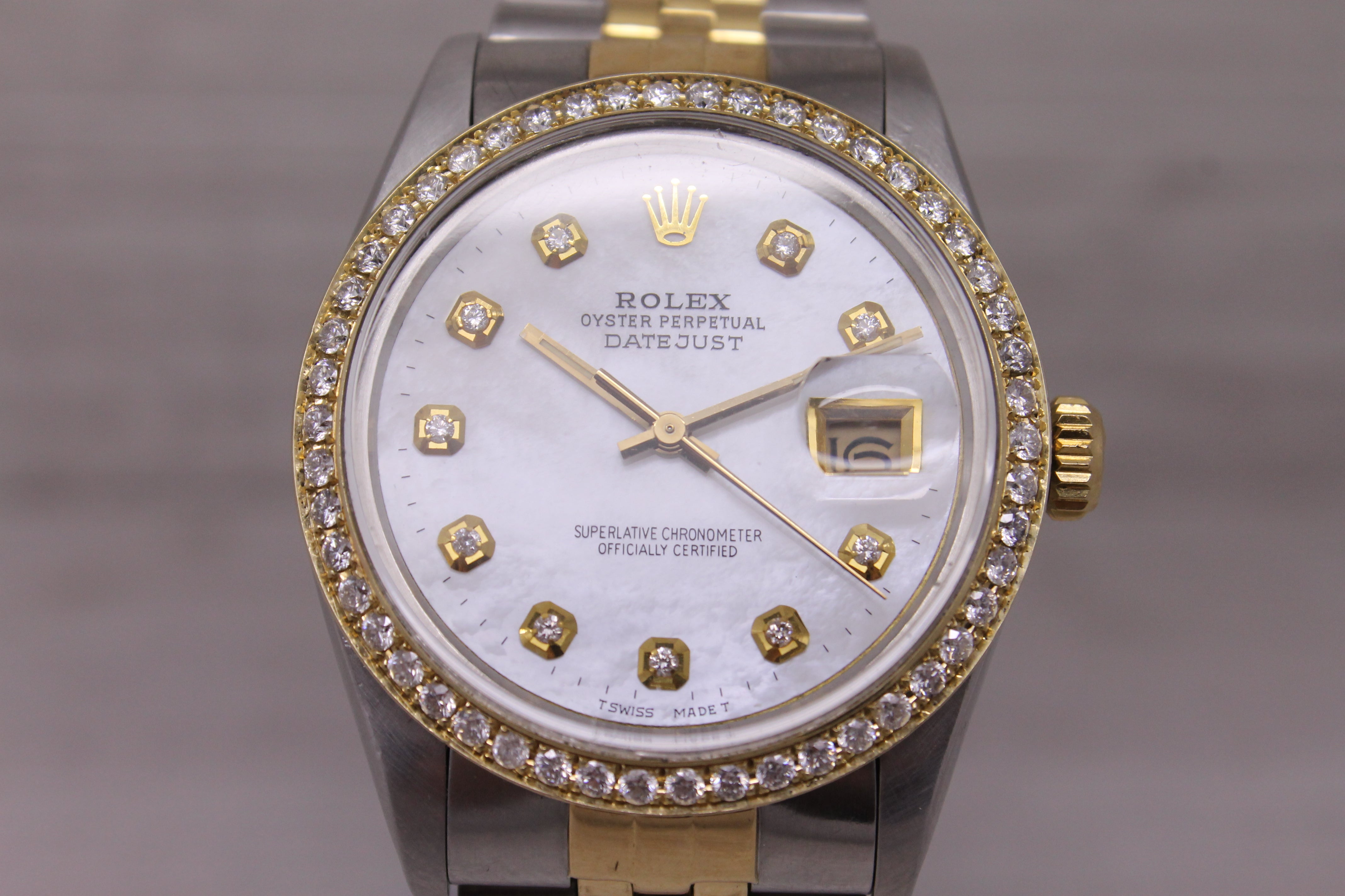 Dim Gray Vintage 1984 Rolex Datejust 16013 Mens Steel 18k Watch Diamond Bezel & MOP Dial