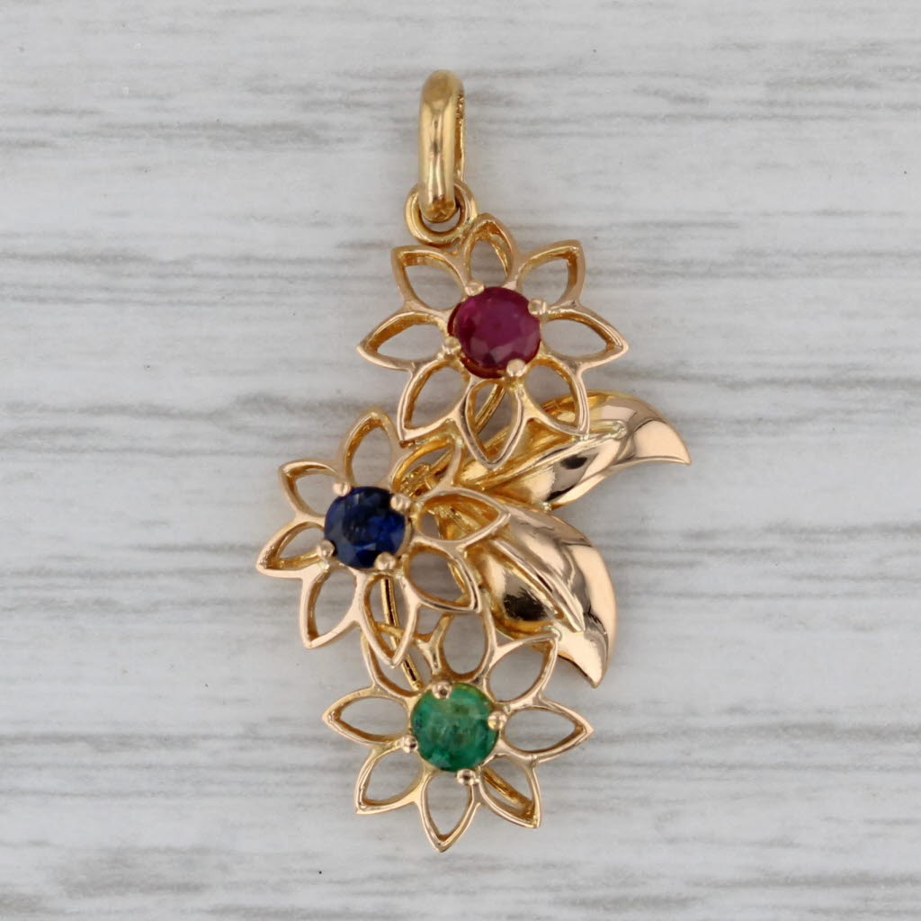 Gray 0.49ctw Red Ruby Blue Sapphire Green Emerald Flowers Pendant 20k Yellow Gold